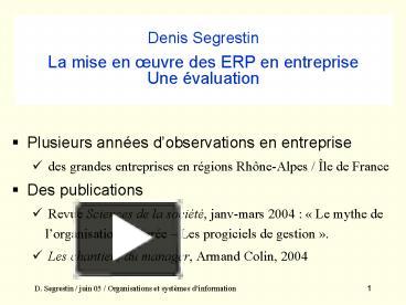 PPT – Denis Segrestin La Mise En Uvre Des ERP En Entreprise Une ...