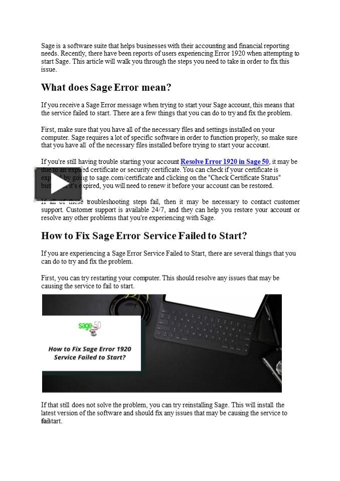 PPT How To Fix Sage Error 1920 Service Failed To Start PowerPoint