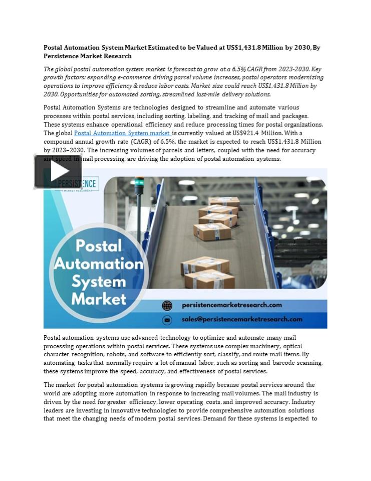 PPT Innovations Driving Growth In The Postal Automation System Market