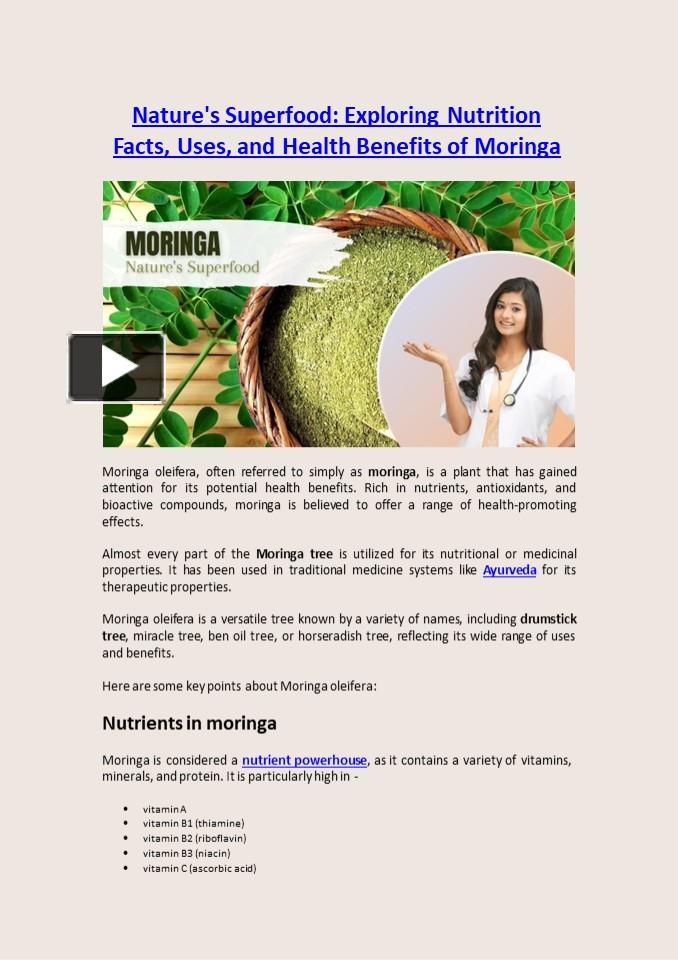 Ppt Nature’s Superfood Exploring Nutrition Facts Uses And Health Benefits Of Moringa